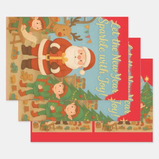 Cute Santa & Elves New Year Holiday Card Geschenkpapier Set (Set)