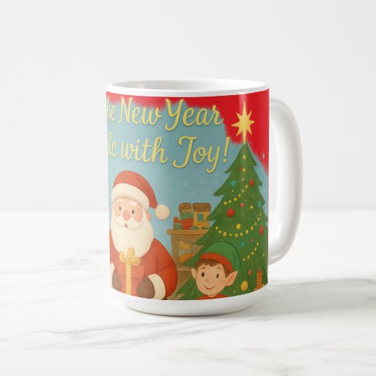 Cute Santa & Elves New Year Holiday Card Kaffeetasse (VorderseiteRechts)