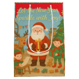Cute Santa & Elves New Year Holiday Card Mittlere Geschenktüte