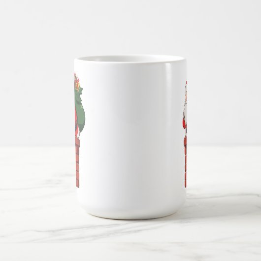 Cute Santa Entering Chimney with Gift Bag Kaffeetasse (Mittel)