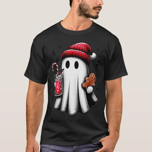 Cute Santa Ghost Drinking Coffee Ice Coffee Christ T-Shirt (Vorderseite)