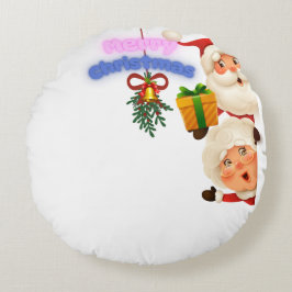 Cute Santa & Mrs. Claus Merry Christmas Greeting  Rundes Kissen