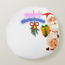 Cute Santa & Mrs. Claus Merry Christmas Greeting  Rundes Kissen