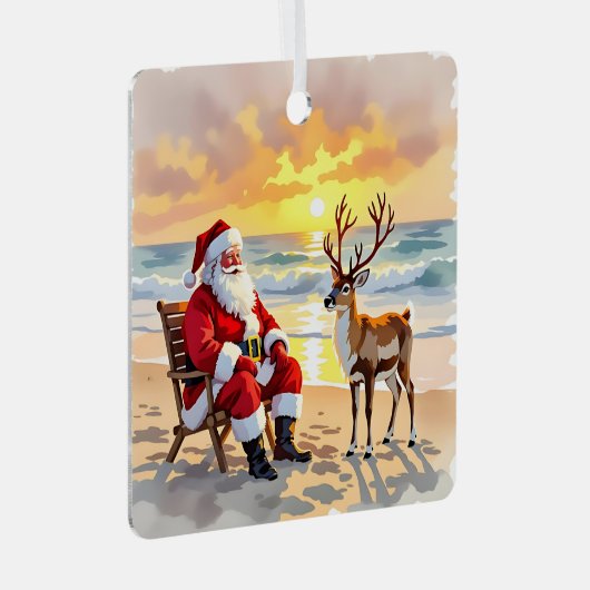 Cute Santa on Beach with Reindeer Personalized Ornament Aus Metall (Vorderseite Rechts)