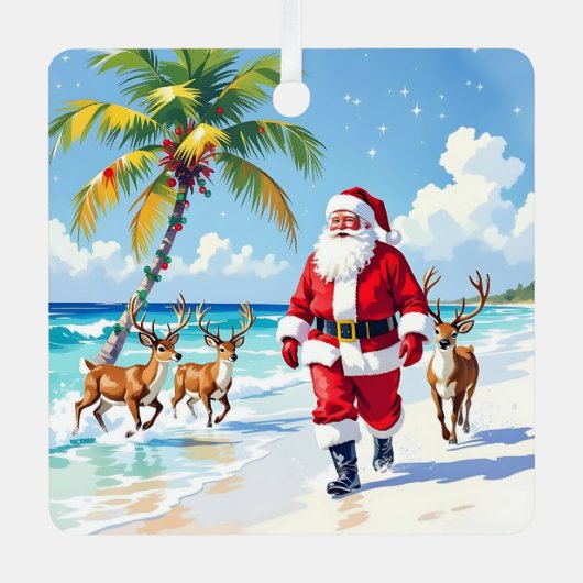Cute Santa on Beach with Reindeer Personalized Ornament Aus Metall (Vorderseite)