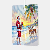 Cute Santa on Beach with Reindeer Personalized Ornament Aus Metall (Vorderseite links)
