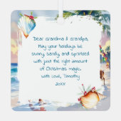 Cute Santa on Beach with Reindeer Personalized Ornament Aus Metall (Rückseite)