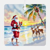 Cute Santa on Beach with Reindeer Personalized Ornament Aus Metall (Vorderseite)