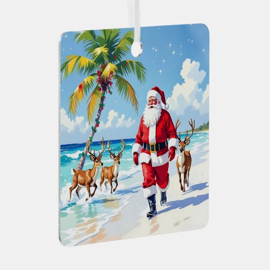 Cute Santa on Beach with Reindeer Personalized Ornament Aus Metall (Vorderseite Rechts)