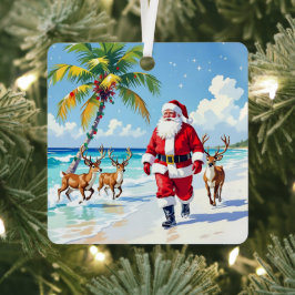 Cute Santa on Beach with Reindeer Personalized Ornament Aus Metall