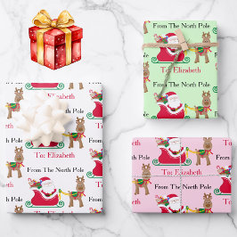 Cute Santa Reindeer Child's Name Christmas 3 Geschenkpapier Set
