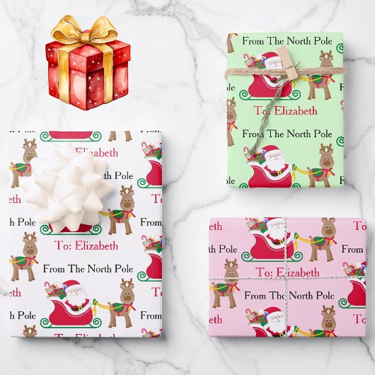 Cute Santa Reindeer Child's Name Christmas 3 Geschenkpapier Set