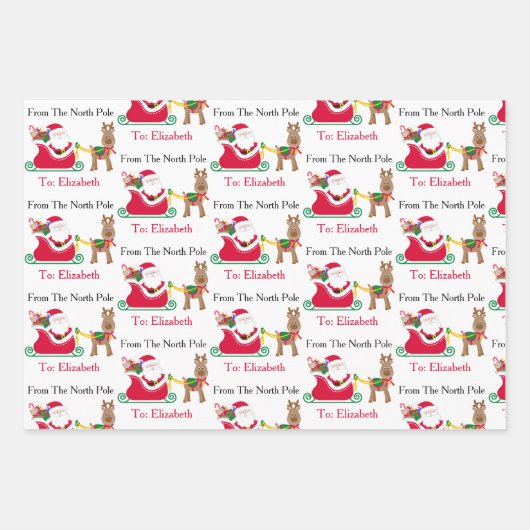 Cute Santa Reindeer Child's Name Christmas 3 Geschenkpapier Set (Vorderseite)