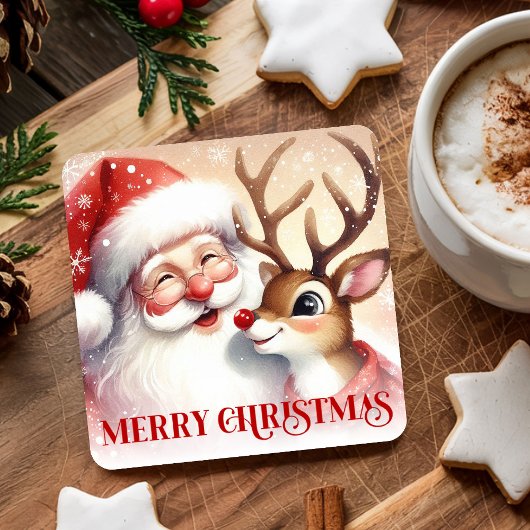 Cute Santa Rudolph Watercolor Christmas Party Rechteckiger Pappuntersetzer