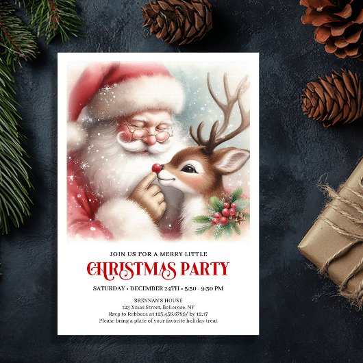 Cute Santa Rudolph Winter Christmas Party Invite Einladung