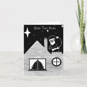 Cute santa with sack on roof black and white art feiertagskarte