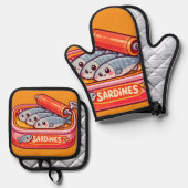 Cute Sardines Fish Cartoon Ofenhandschuh & Topflappen-Set (Vorderseite/Rückseite)