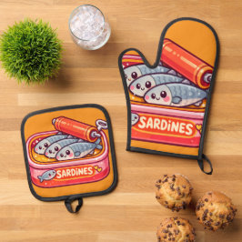 Cute Sardines Fish Cartoon Ofenhandschuh & Topflappen-Set