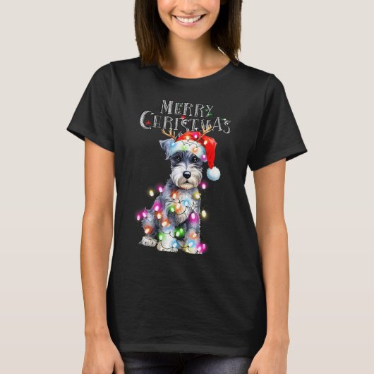 Cute Schnauzer Christmas Lights Xmas Dog Santa Hat T-Shirt (Vorderseite)
