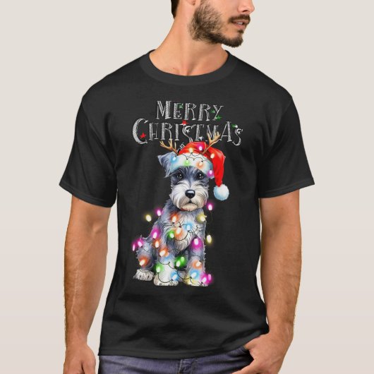 Cute Schnauzer Christmas Lights Xmas Dog Santa Hat T-Shirt (Vorderseite)