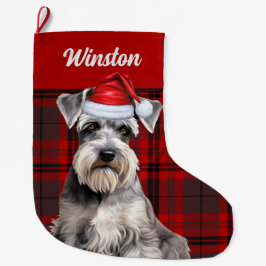 Cute Schnauzer Dog Holiday Plaid Personalized Großer Weihnachtsstrumpf