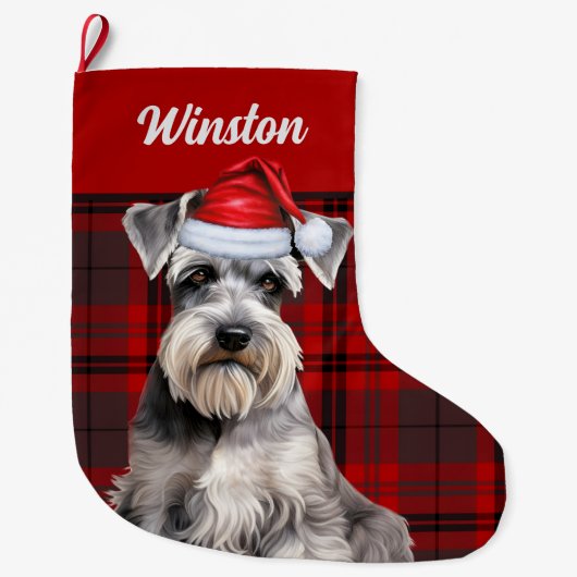 Cute Schnauzer Dog Holiday Plaid Personalized Großer Weihnachtsstrumpf (Vorderseite)