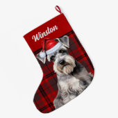 Cute Schnauzer Dog Holiday Plaid Personalized Großer Weihnachtsstrumpf (Rückseite (Hängend))
