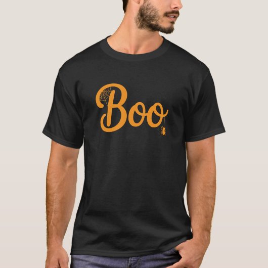 Cute Script "Boo" with Spiderweb Halloween T-Shirt (Vorderseite)