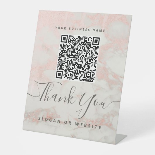 Cute Script Marble Pink Qr Code Contactless Pay Sockelschild (Vorderseite)