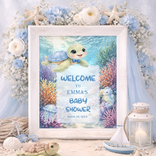 Cute Sea Turtle Boy Baby Shower Welcome Poster