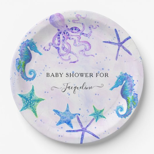 Cute Seahorse Starfish Octopus Seaside Baby Shower Pappteller (Vorderseite)