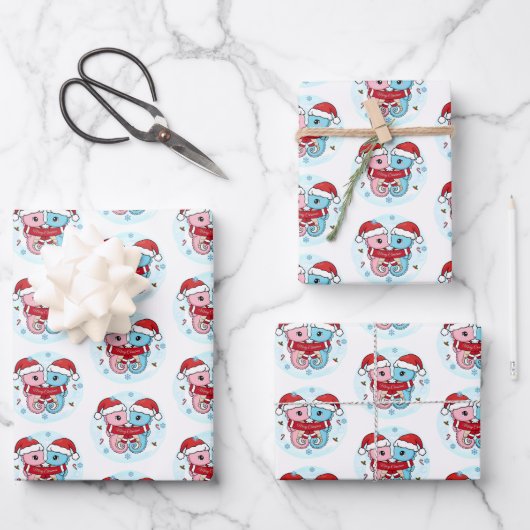 Cute Seahorses Christmas Wrapping Paper Sheets Geschenkpapier Set (Vorderseite)
