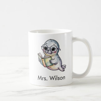 Cute Seal Reading Book Custom Kaffeetasse