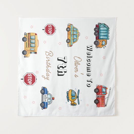 Cute Service Vehicle Birthday bash welcome sign Wandteppich (Vorderseite (Horizontal))