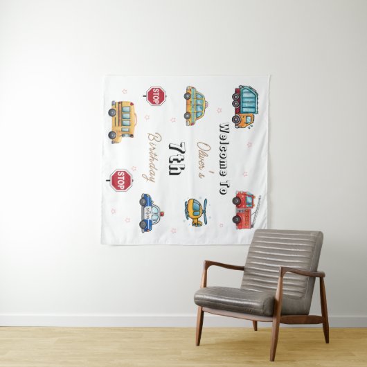 Cute Service Vehicle Birthday bash welcome sign Wandteppich (Beispiel (Horizontal))