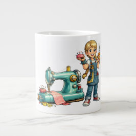 Cute Sewing Girl Cartoon with Vintage Machine Jumbo-Tasse