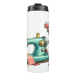 Cute Sewing Girl Cartoon with Vintage Machine Thermosbecher