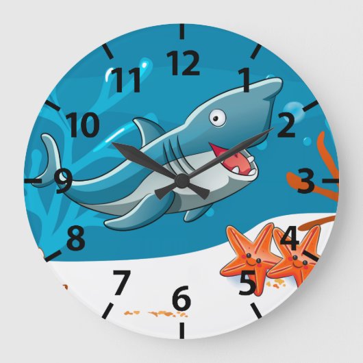 Cute Shark Ocean Aquatic Wall Clock Große Wanduhr (Vorderseite)