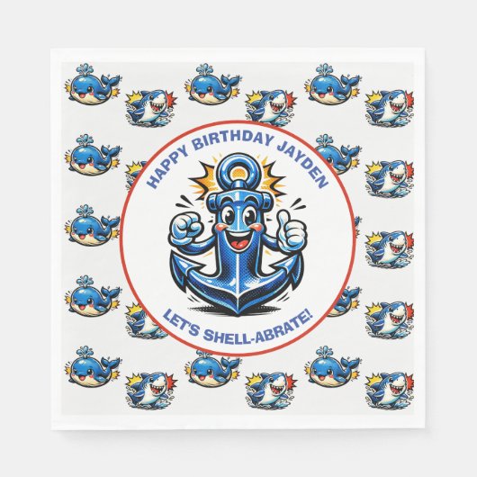 Cute Shark, Whale and Anchor Boy's Birthday Serviette (Vorderseite)