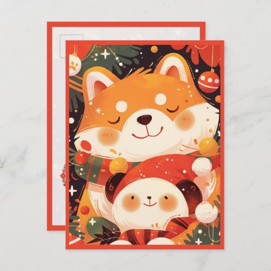 Cute Shiba Inu Hugging Panda Plush Postkarte (Vorne/Hinten)