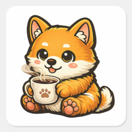 Cute Shiba Inu with Coffee – Cozy Dog Illustration Quadratischer Aufkleber