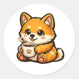 Cute Shiba Inu with Coffee – Cozy Dog Illustration Runder Aufkleber