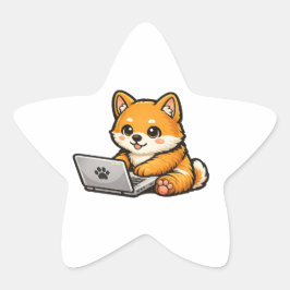 Cute Shiba Inu with Laptop – Cozy Dog Design Stern-Aufkleber