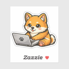 Cute Shiba Inu with Laptop – Cozy Dog Illustration Aufkleber