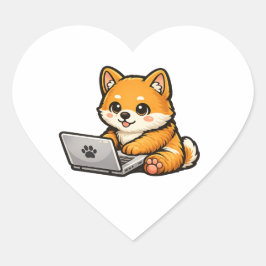 Cute Shiba Inu with Laptop – Cozy Dog Illustration Herz-Aufkleber
