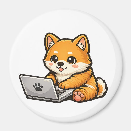 Cute Shiba Inu with Laptop – Cozy Dog Illustration Magnet (Vorne)