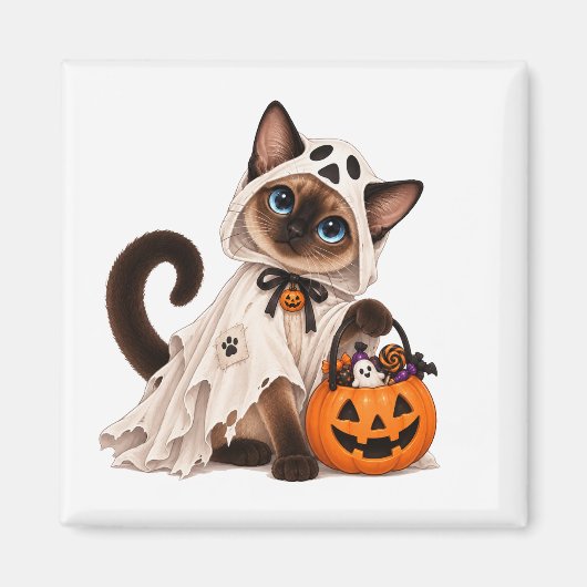 Cute Siamese Cat Ghost Halloween Magnet (Vorne)