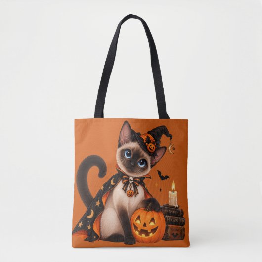 Cute Siamese Cat Witch Halloween Tasche (Vorderseite)