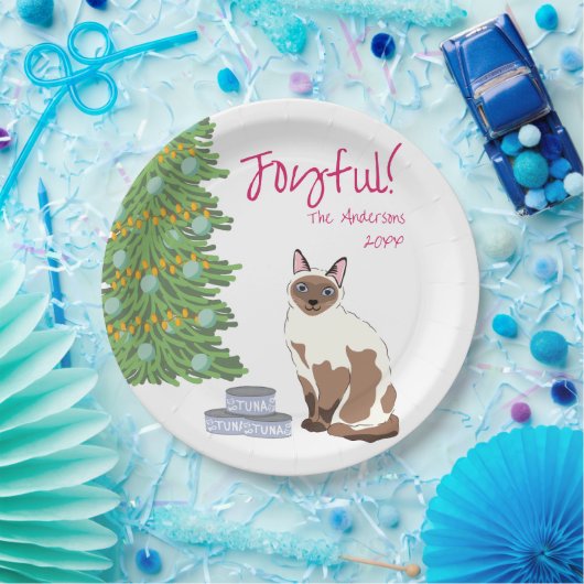 Cute Siamese Cat with Tuna Joyful Christmas Pappteller (Party)