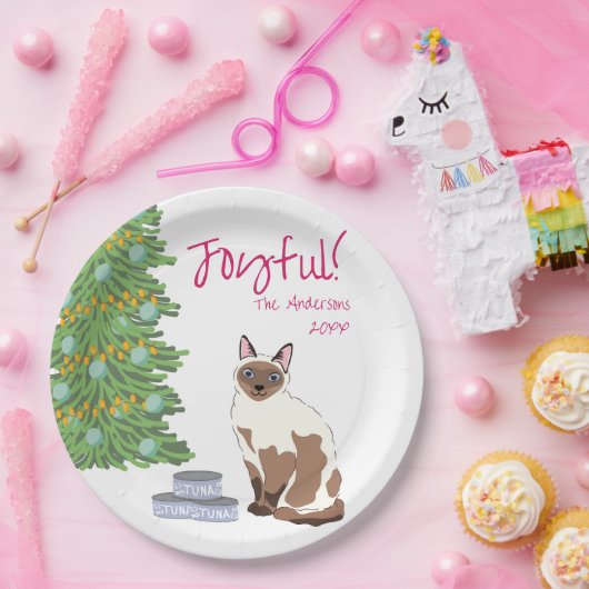 Cute Siamese Cat with Tuna Joyful Christmas Pappteller (Party)